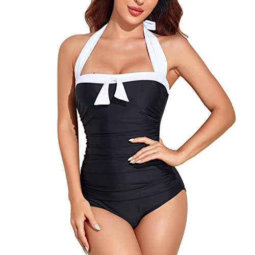 Smismivo Tummy Control Swimsuits For Women Vintage One Piece Bathing Suit Halter Ruched Padded Front Tie Full Coverage Swimwear For Swimming Pool (Black Whitetie) #TOP23