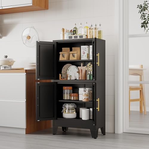 Image of GAIOUS 47.25 inch Metal Storage Cabinet, Black Kitchen Food Storage with 4 Door and 2 Adjustable Shelves, Freestanding Bathroom Cabinet, Pantry for Kitchen Dinning Room, Cupboard