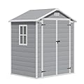 Greesum 6x4FT Plastic Outdoor Storage Shed, Resin Shed with Floor and Window, Tool Sheds with Lockable Door and Vent, for Garden, Garage, Backyard, Lawn, Light Gray