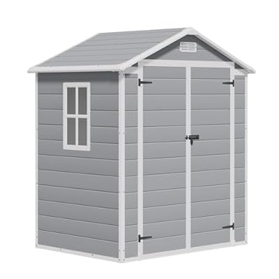 Greesum 6x4FT Plastic Outdoor Storage Shed, Resin Shed with Floor and Window, Tool Sheds with Lockable Door and Vent, for Garden, Garage, Lawn, Light Gray
