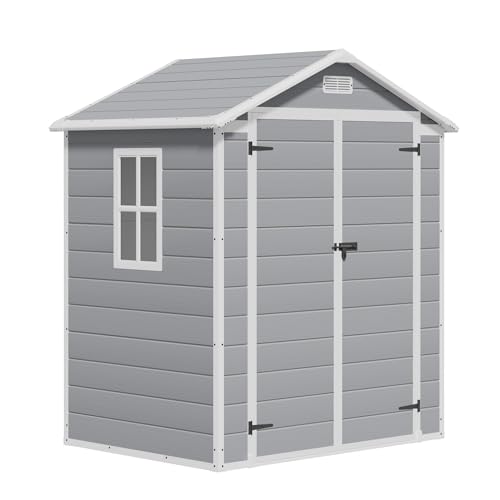 Image of Greesum 6x4FT Plastic Outdoor Storage Shed, Resin Shed with Floor and Window, Tool Sheds with Lockable Door and Vent, for Garden, Garage, Backyard, Lawn, Light Gray
