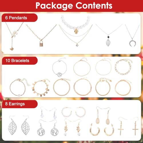 Image of HASTHIP Christmas Gift Box 2025 Advent Calendar Surprise Jewelry Box, Includes 24Pcs Assorted Fashion Bracelets, Necklace, Hook Earrings, Christmas Gift for Women Girls