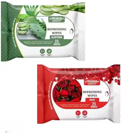 Premium Quality Refreshing Wipes with Aloe Vera Extract, Rose, Alcohol-Free, Paraben-Free, 25 Wipes