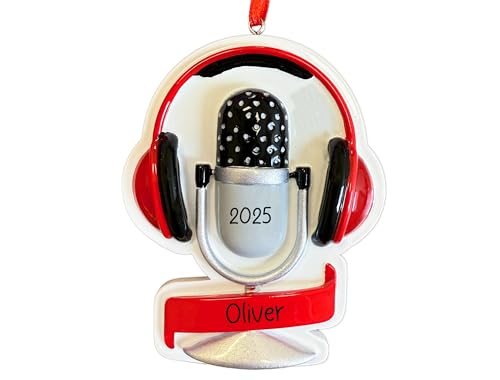 UniqXmas Personalized Podcast Microphone Christmas Ornament 2026 | Condenser & Headphone Xmas Tree Ornament | Customized Keepsake Gift for Streamer Broadcaster Vlogger - Custom Name & Year