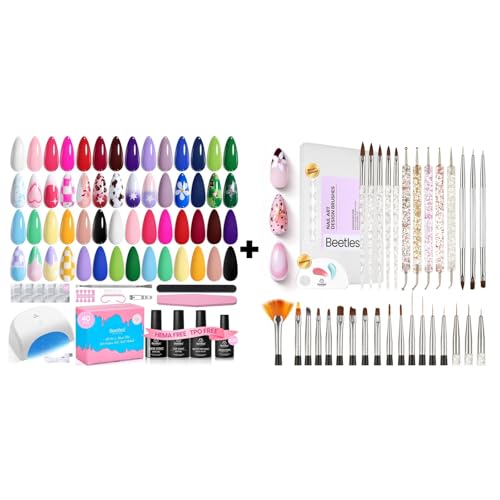 Beetles Gel Nail Polish Kit 20 Colors, 40PCS All-in-One Set, TPO & HEMA Free Base and Top Coat & Nail Art Brushes 31PCS with Case, Dotting and Liner Tools Set