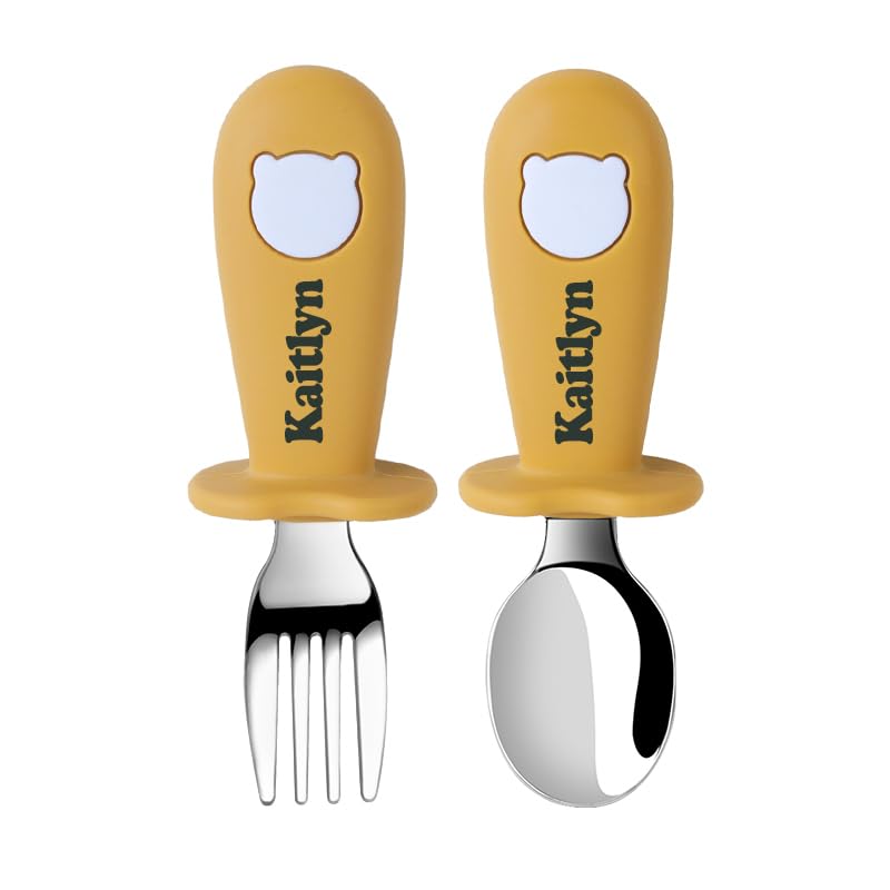 TYRY.HU Personalised Spoon and Fork Set Learn to Use Toddler Cutlery Splash Toddler Customized Name Cutlery Set BabyLed Weaning Supplies 2 Piece
