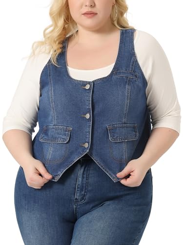 Agnes Orinda Plus Size Denim Jackets for Women Sleeveless Lightweight Button Jean Crop Waistcoat Vests