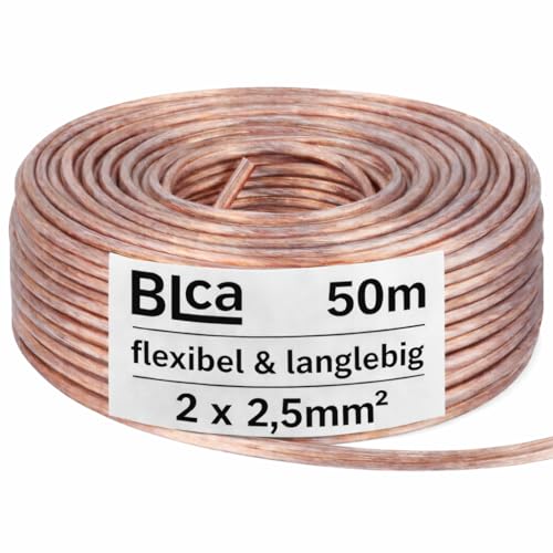 DCSk BLca Lautsprecherkabel 2x2,50mm² 50m transparent CCA Boxenkabel Audio Kabel für Lautsprecher HiFi Heimkino Verstärker - isoliert mit Polaritätskennzeichnung