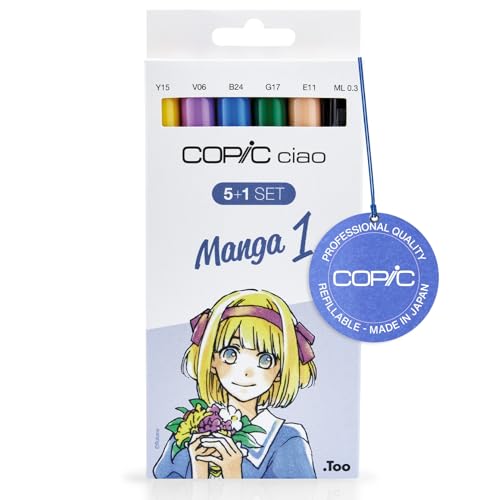 COPIC Ciao 5+1 Set «Manga 1», 5 rotuladores dobles con punta mediana y punta de pincel, incl. Multiliner negro 0,3 mm