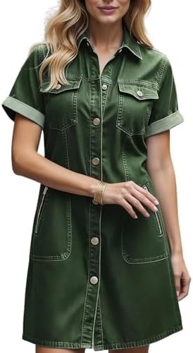 HGps8w Women's Button Down Denim Mini Dress, Stretch Casual ...