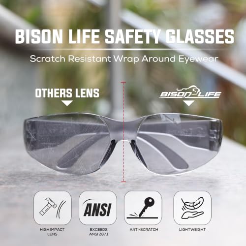 Image of BISON LIFE Gray Safety Glasses for Men & Women, ANSI Z87.1, 6 Pack