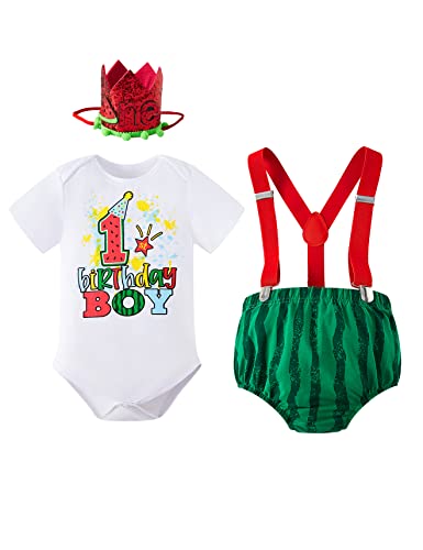 MOMMYS NEW MAN Toddler Baby Boys Melon One 1st Birthday Cake Smash Outfit Romper + Shorts + Suspenders (12-18 Months)