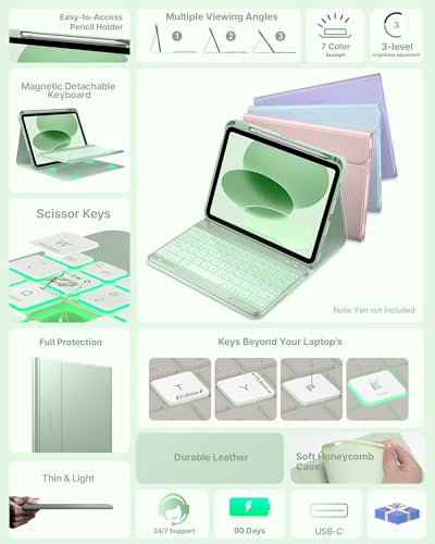 Image of typecase Folio Keyboard Case for iPad 10th Gen 10.9 inch (2022) and iPad 11th (A16, 2025), Magnetic Wireless Detachable Keyboard, 7-Color Backlight, Thin & Light, Pencil Holder - Sage Green