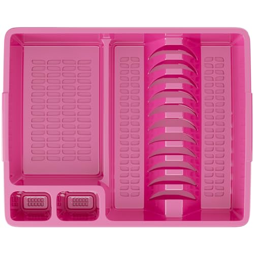WELLGRO Abtropfgestell aus Kunststoff mit Reinigungsbürste und 10 Schwämmen - 44x35x9 cm (LxBxH) - Schale Geschirrkorb Abtropfkorb Abtropfgitter für Spüle Made in Europe, Farbe:Pink