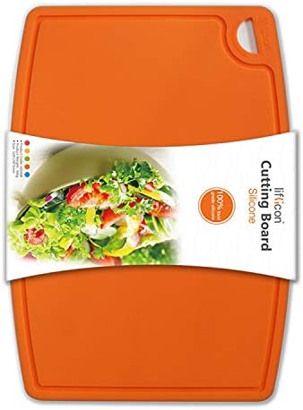 Liflicon Thick Silicone Cutting Board 12.6'' x 9.1'' Juice Grooves Easy Grip Handle Dishwasher Safe-Orange