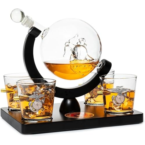U.S. Marine Globe Whiskey Decanter Set with 4 Liquor Glasses - USMC Gift Set with Mahogany Wood Base...