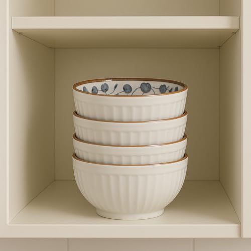 Image of YELONA Ceramic Bowls Set of 6 - 300ml | 11.5cm Japanese Style Serving Bowls with Navy Blue Vine & Berry Pattern | Microwave, Oven, Dishwasher Safe | Lead-Free & Scratch Resistant