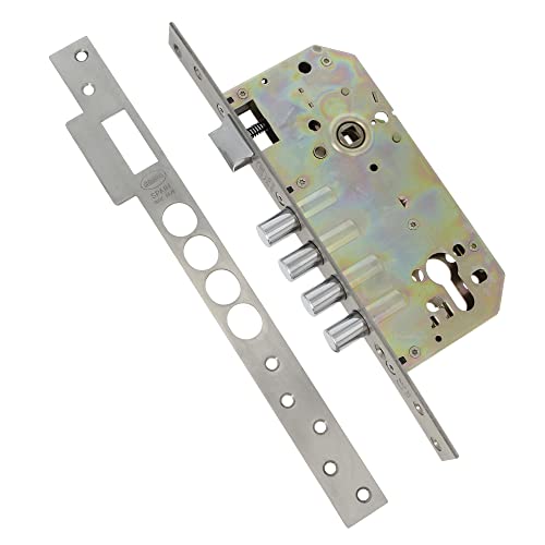 Amig - Cerradura De Embutir Con Bulones Para Puertas De Madera Mod. 100 | 50/85 Mm | Con Cilindro Y Escudo De Seguridad | Picaporte Reversible | Acero Inoxidable Mate