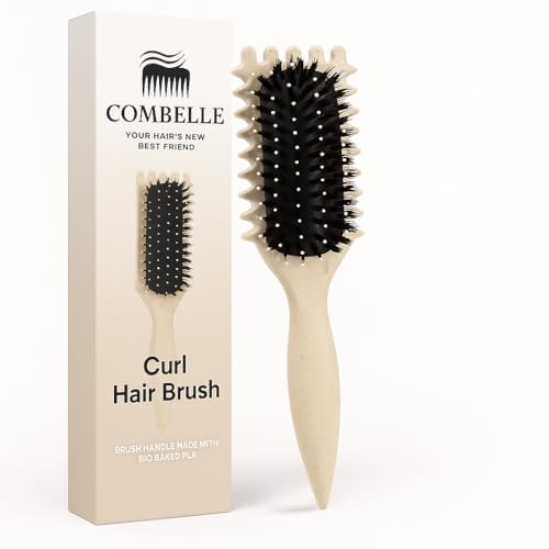 Image of Combelle 5-in-1 Curl Hair Brush | Vegan Boar Bristles | Bio-Based PLA Handle | Detangling, Defining & Frizz Control for Curly & Wavy Hair | For Men & Women - Beige