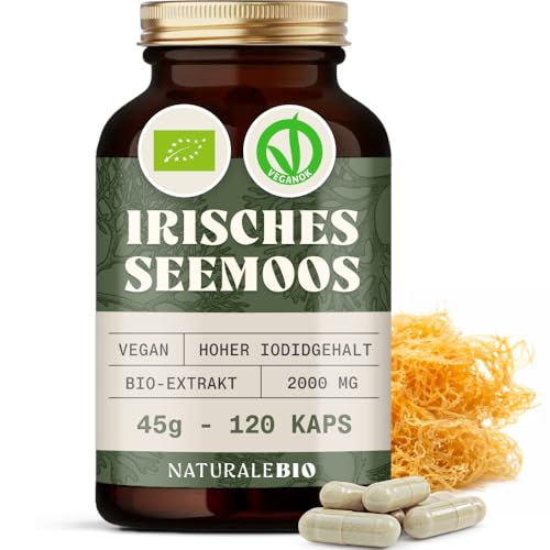NaturaleBio Bio Irish Sea Moss 120 Kapseln. 2000 mg. 100% veganer Extrakt (20:1). Vorrat für 2 Monate. Hoher Jodgehalt. Mit schwarzem Pfeffer für eine bessere Aufnahme.