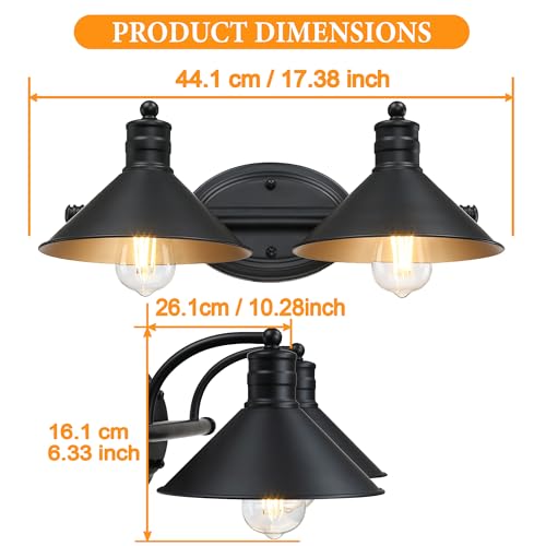 Image of 2 Light Bathroom Vanity Light Over Mirror - Black and Gold Farmhouse Wall Light for Bathroom Vanity Powder Room, Rustic Gooseneck Barn Style 2 Bulb Wall Sconce Over Kitchen Sink