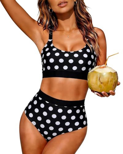 Image of Womens High Waisted Bikini Sets Sporty Crop Top Color Block Swimwear Bandeau Scoop Neck Vintage Two Piece Bathing Suits