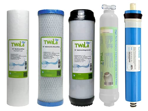 TWaLa Marken Osmose Ersatzfilter Set 10 Zoll mit Membrane 75 GPD (3 Vorfilter Granulat + Membrane + Nachfilter)