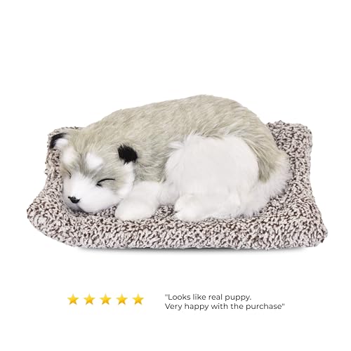 Image of Premium Sleeping Puppy Decor Plush with Mat | Realistic Soft Fur Dog Showpiece for Home, Office & Car Dashboard | Pet Lover Aesthetic Gift (25 x 19 x 7.5 cm) (Husky)