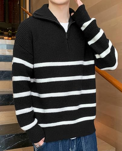 Men's Sweaters Quarter Zip Striped Knitted Pullover Mock Neck Fashion Thermal Polo Sweaters2