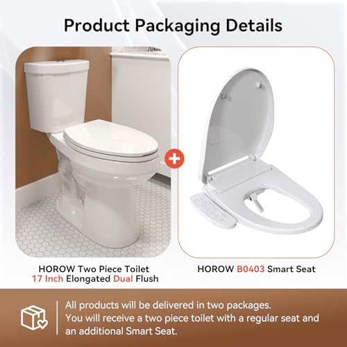 HOROW Two-Piece Elongated Tall Toilet with Smart Seat, 17 Inch ADA Height Toilet with Heated Seat, Powerful 1.1/1.6 GPF Dual Flush toilet, MAP 1000g, 12" Rough In High Bowl for Seniors, White