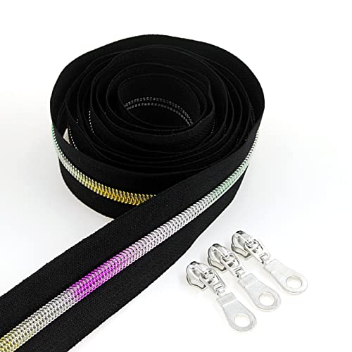 Image of #5 Metallic Nylon Coil Zippers by The Yard Colorful Teeth Zipper Bulk 10 Yards Black Tape with 25pcs Silver Sliders for DIY Sewing Tailor Craft Bag Leekayer(Black)