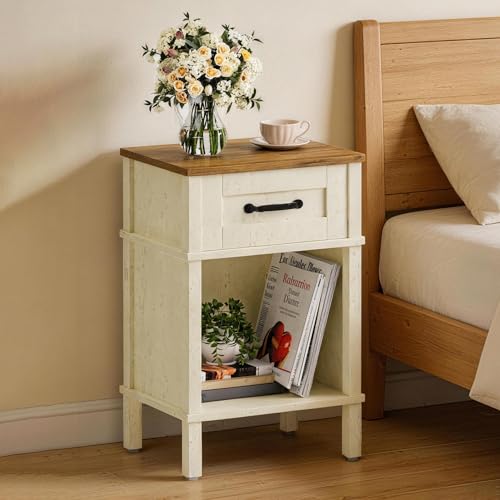 YAUKTAK White Farmhouse Nightstand with Drawer Small Wooden Bedside Table White End Table Bedroom Side Table with Storage Rustic Wood Night Stand LET512WR