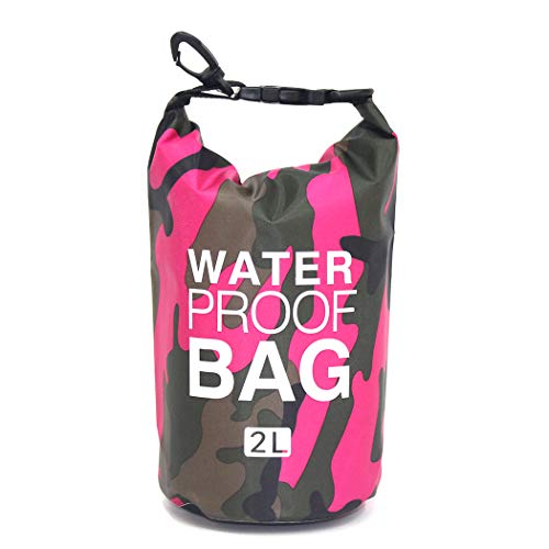 Bolsa seca impermeable 2L/5L/10L/15L/20L/30L, diseño roll top para mantener el equipo seco para kayak, rafting, bote, natación, camping, senderismo, playa y pesca con funda impermeable gratuita para teléfono (Rojo rosa, 2L) miniatura 6