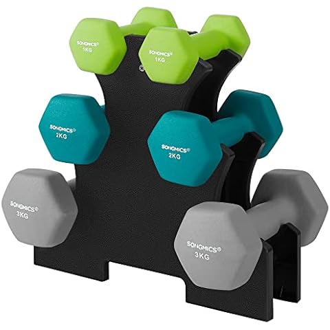 SONGMICS Kurzhantel Set, Hexagon, mit Hantelständer, 2 x 1 kg, 2 x 2 kg, 2 x 3 kg, Mattes Finish, Neopren-Beschichtung, Krafttraining, zu Hause, limettengrün, aquamarin und hellgrau SYL612GN Cover