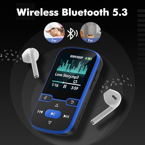 Image of 64GB MP3 Player with Clip Bluetooth 5.3 Portable Music Player for Kids with FM Radio, Pedometer, Voice Recorder, Shuffle and Repeat, Weighs Only 28g for Sport and Running, TF Card Up to 128G(Blue)