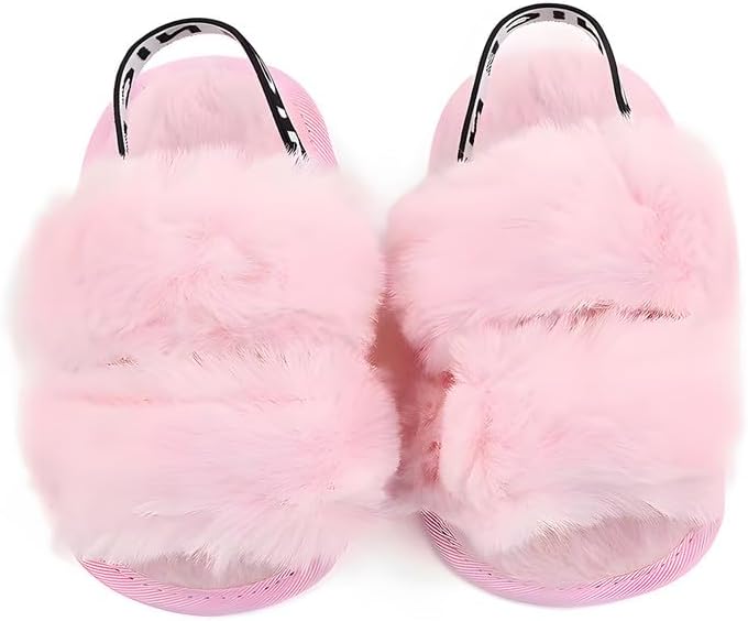 QIETION Girl's Soft Plush Lightweight House Slippers Non Slip Cross Band Slip on Open Toe Cozy Indoor Outdoor Slippers