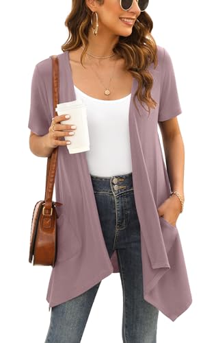 Image of Veryoung Floral Short Sleeve Cardigans for Women Casual Drape Open Front Lightweight Summer Cardigan with Pocket High Low Hem