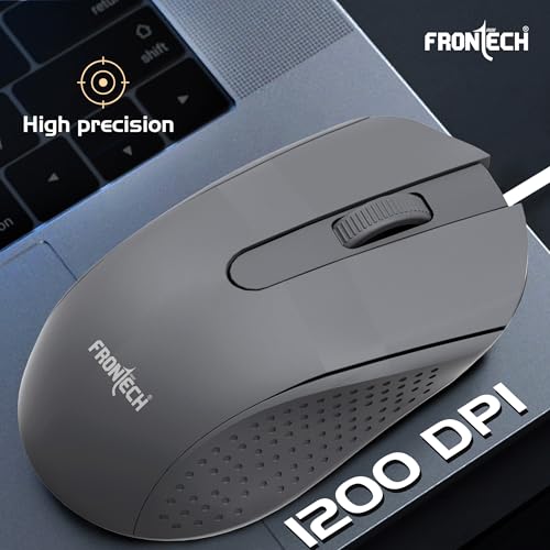 Image of FRONTECH Wired USB Mouse | 3 Handy Buttons | Scroll Wheel 1200 DPI | MS-0103 Wired Optical Mouse (USB 2.0, Grey)