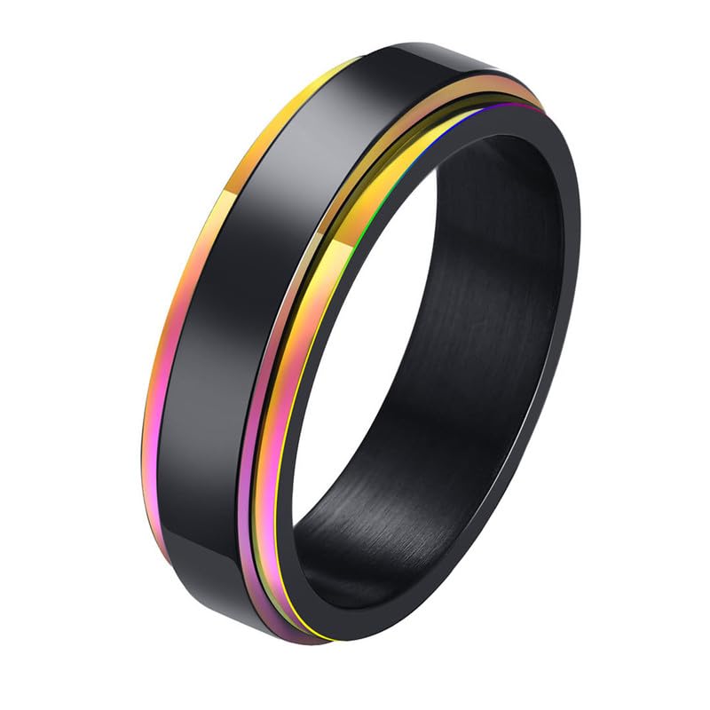 Ouruiba Ring drehbar Regenbogen Gay Lesbisch LGBT schwarz bunt Edelstahl Schmuck Paar Ehering für Herren Damen, Edelstahl