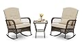 3 Piece Rocking Bistro Set Wicker Outdoor Patio Chairs Rattan Conversation Sets with Coffee Table for Patio, Porch, Backyard, Balcony, Poolside and Garden (Beige)