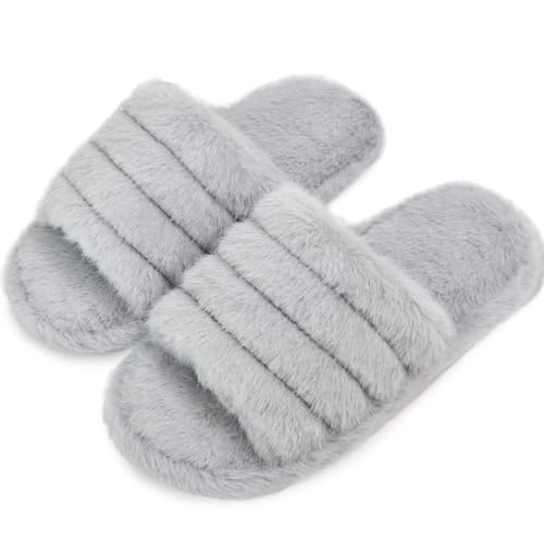Rosoz Women's Soft Plush Fuzzy Slippers Memory Foam Anti-Skid Sole House Shoes Indoor Outdoor Open Toe Sandals