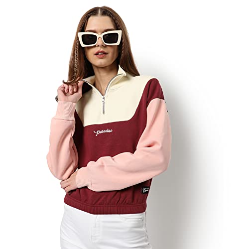 Image of PINACOLADA Women's Colorblock Sweatshirt with Ribbed Hem for Casual Wear | Low-High Neck | Long Sleeve | Button Closure | Cotton Sweatshirt Crafted with Comfort Fit for Everyday Wear