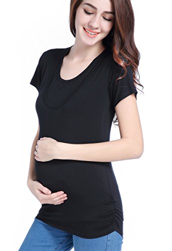 Suiek Maternity Nursing Tank Tops Breastfeeding Tee Shirt Cami Pregnancy Clothes (Medium, C-Black (Short Sleeve)) #TOP2