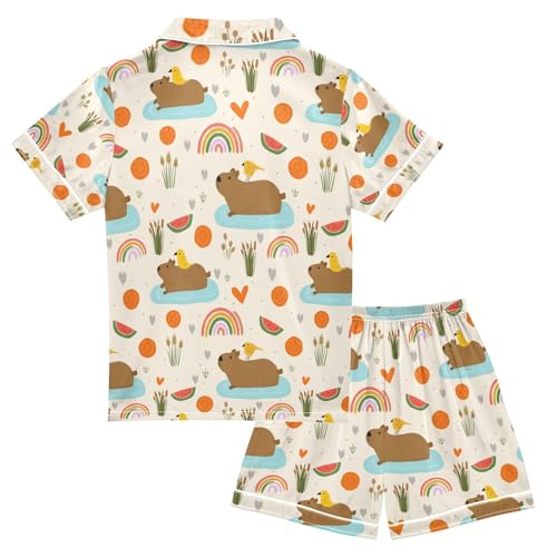 senya Cute Capybara with Birds Satin Summer Pajama Sets Silk Short Sleeve Button Down Sleepwear2