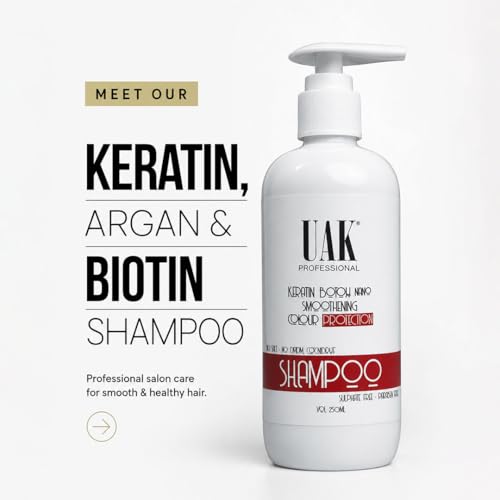Image of UAK Professional Keratin Shampoo for Smooth & Frizz Control Hair | Salon Professional Hair Care | Helps Repair Dry & Damaged Hair | Color Safe | For Men & Women | 250 ml