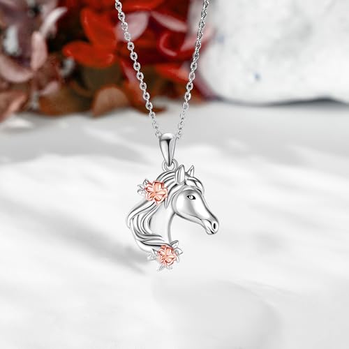 URONE Horse Necklace Sterling Silver Horse Head Flower Pendant Necklace Animal Jewelry Gifts for Women3