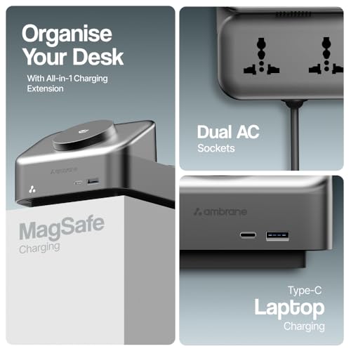 Image of Ambrane Wireless Qi2 Magsafe Extension Board, 65W Macbook /Type Laptop Charging, Magsafe for iPhone, Qi2.2 25W Wireless Technology, 2500W AC Sockets, Perfect for Tables (AerosynQ Hub 100, Black)