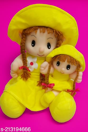 Image of Yellow Plush Doll Set, Stuffed Toy Dolls with Braided Hair and Sun Hats, Mother Daughter Matching Outfit, Girls Gift