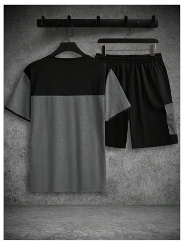 GORGLITTER Men's 2 Piece Color Block Tracksuit Short Sleeve Tee Top Flap Pocket Cargo Shorts Sets2