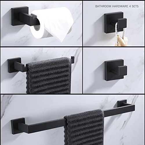 Kirlystone 5-Piece Matte Black Bathroom Hardware Set, Black Stainless Steel Square Wall Mounted Bath Towel Bar, Towel Holder, Toilet Paper Holder, Robe Towel Hooks #TOP5